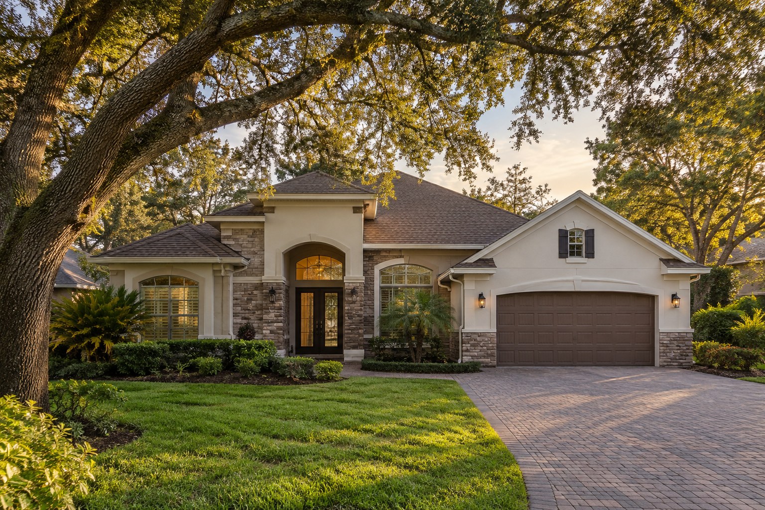 A Central Florida home with palms on a quiet lot in warm evening light, illustrative