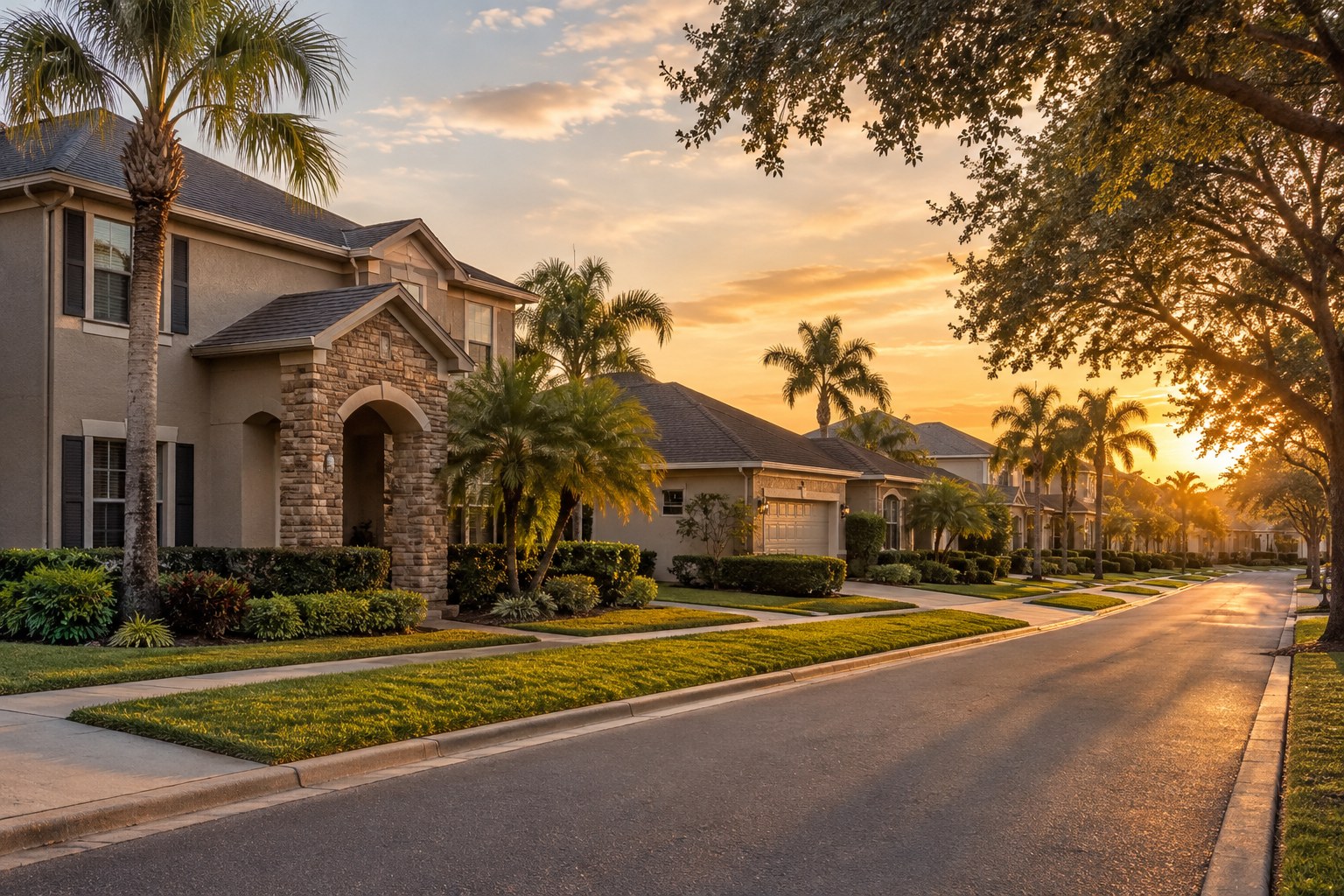 A Florida street at golden hour, illustrative