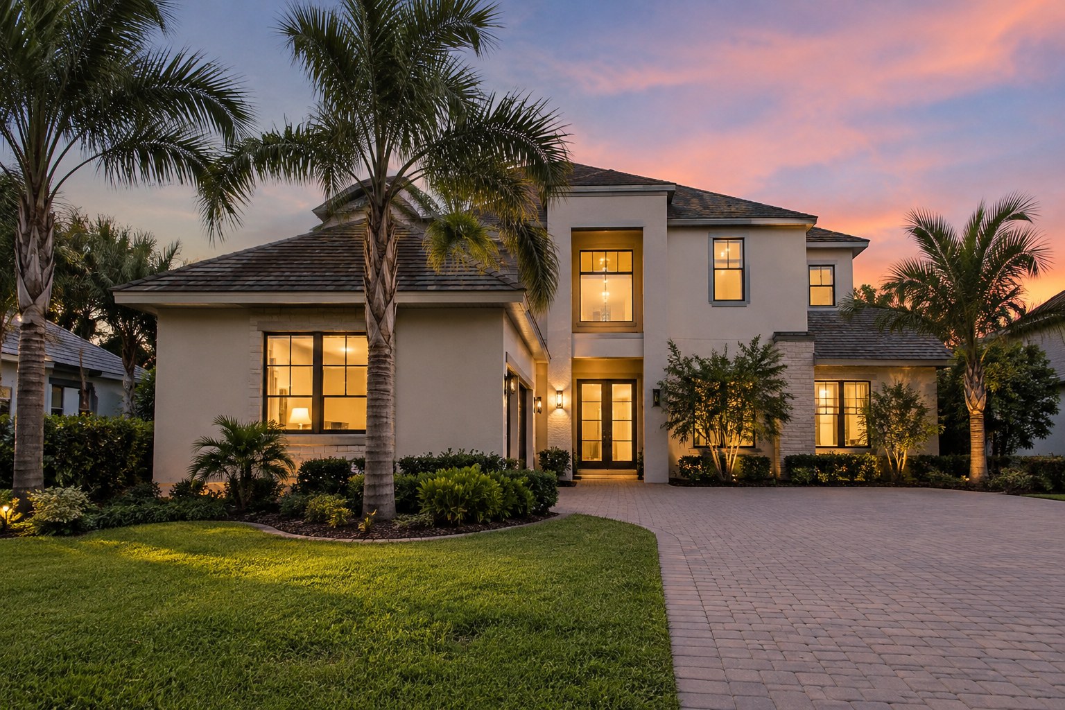 A Florida home at dusk, illustrative